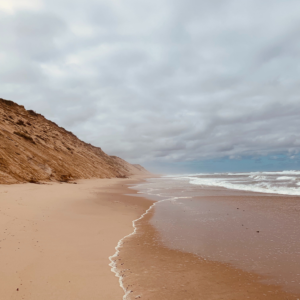 An empty beach with steep reddish-brown dunes on the left and the ocean to the right, with a slightly overcast sky