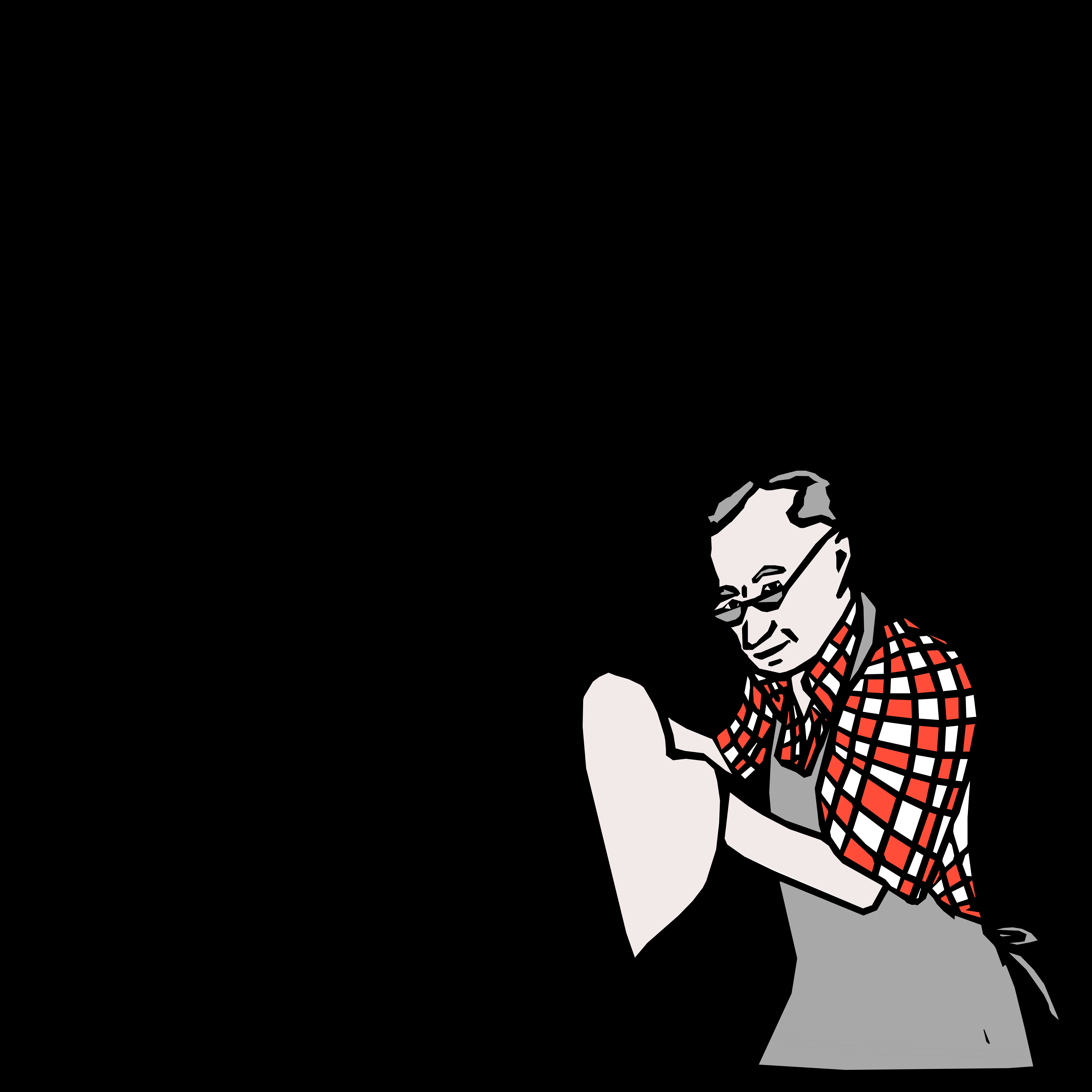 An illustration of Domenico DeMarco making pizza. The pizza is in the shape of a heart. He's wearing a checked red and white shirt.