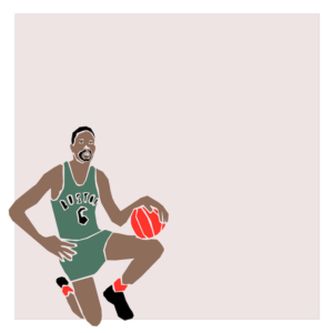Color illustration of basketball player Bill Russell. He's wearing a green Boston uniform. He's kneeling and holding a basketball.