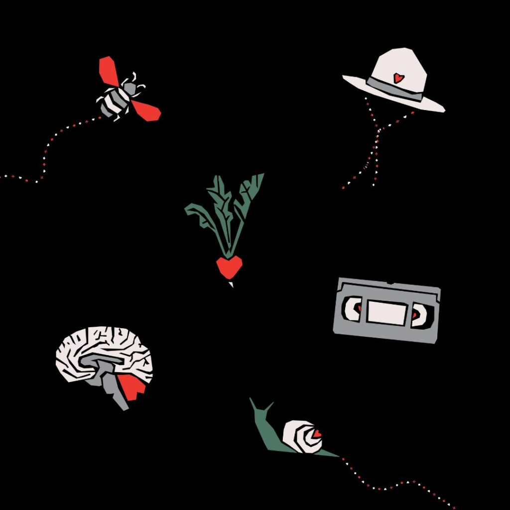 Six small illustrations set against a black background: a bumble bee with red wings, a radish in the shape of a heart, a brain with a red heart embedded in the back, a ranger hat with a heart on it, a VHS tape, and a snail with a heart in the middle of the shell.