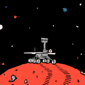 Illustration of a gray Mars rover sitting on a curved red planet, track marks and craters on the planet’s surface. The rover has six wheels, a long flat back of solar panels, and a long neck carrying a rectangular shaped bank of cameras. A small red heart appears on the body of the rover. The sky is black and peppered with geometric shapes – including stars and a ringed planet.