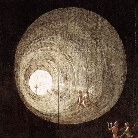 Detail of the painting Ascent of the Blessed by the painter Hieronymus Bosch. The painting is painted in a dark color, almost completely black, but a tunnel appears in the painting, with light streaming through it. There are people on their way to and through the tunnel.