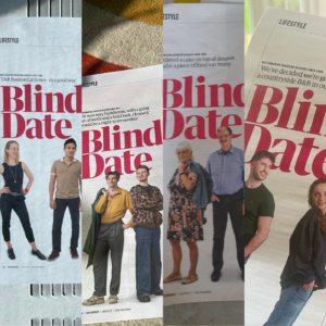 A collage of four printed blind date columns side by side -- each with "Blind Date" in large pink text and a picture of a couple posing below.