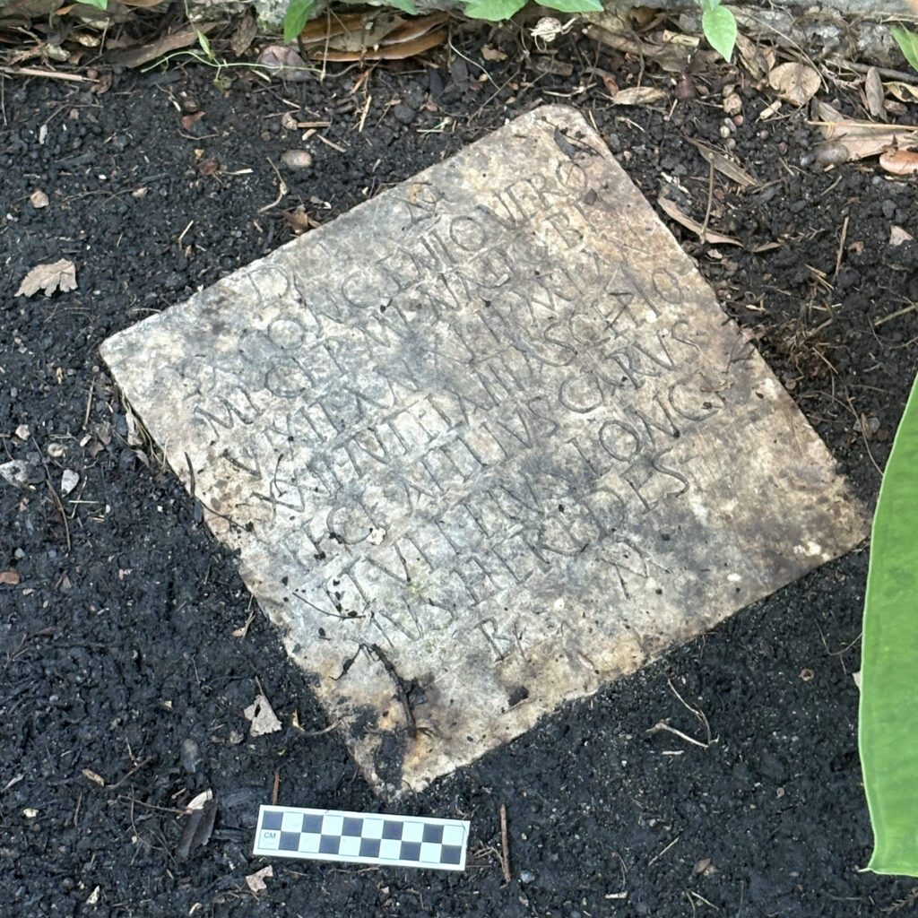 An old marble gravestone with an inscription in Latin lying in the dirt under some plants and bushes.